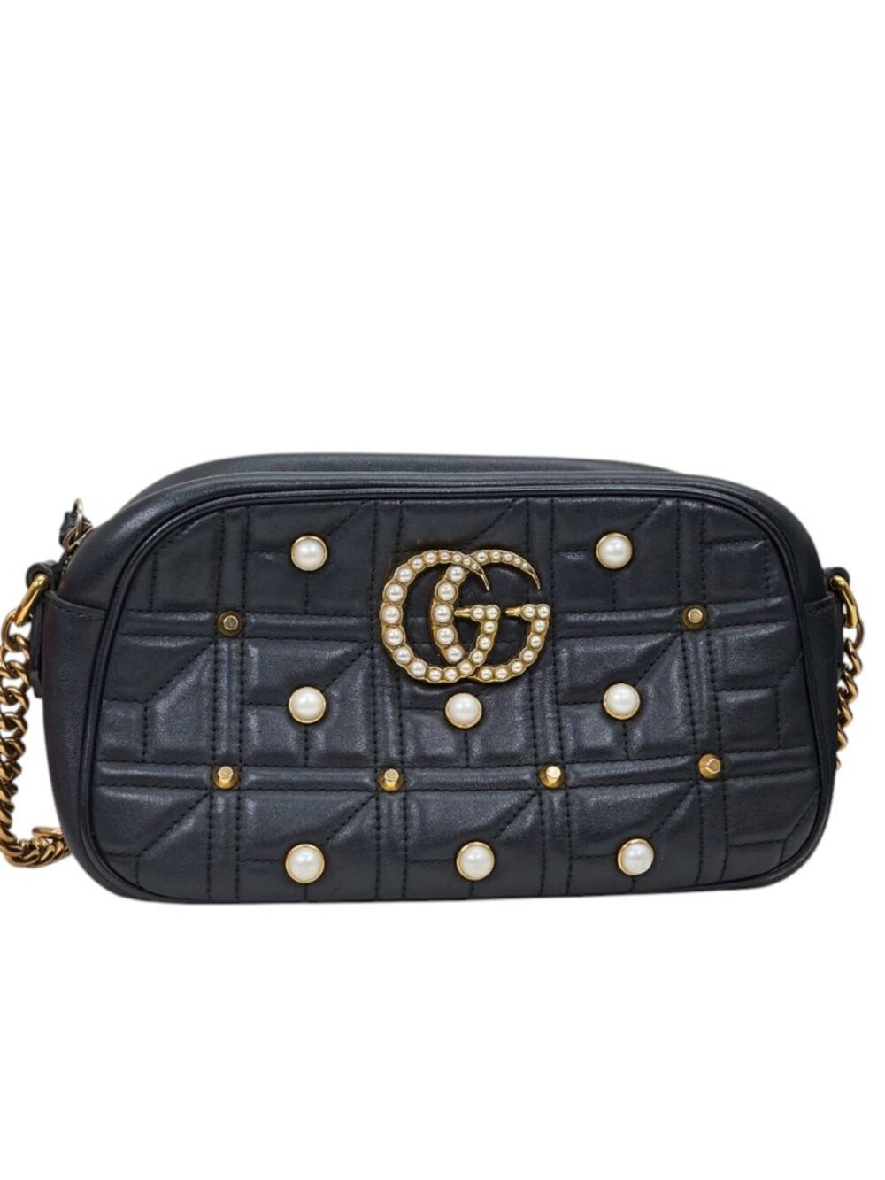 Gucci Marmont Small Faux Pearl Quilted Calfskin Black Shoulder Bag